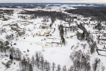Aerial view of Turlava village in winter, Latvia.