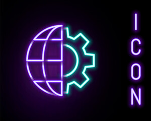 Glowing neon line Globe of the Earth and gear or cog icon isolated on black background. Setting parameters. Global Options. Colorful outline concept. Vector