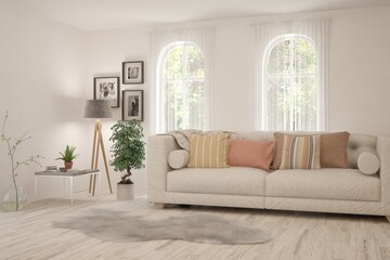 White living room with sofa. Scandinavian interior design. 3D illustration
