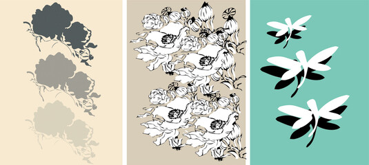 Peony flowers, linear buds, flower silhouette. Illustration for printing on fabric and any printing products, logo, packaging.