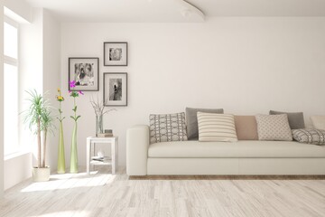White living room with sofa. Scandinavian interior design. 3D illustration