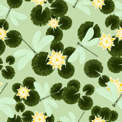 seamless pattern with lotus flowers and soaring dragonflies.Yellow flowers and green lotus leaves on a light background.Design for fabric, wallpaper, wrapping paper.