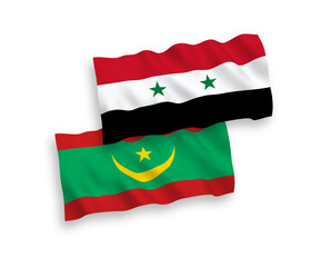 National vector fabric wave flags of Islamic Republic of Mauritania and Syria isolated on white background. 1 to 2 proportion.