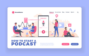 Podcast concept landing page or poster template. Recording and listening audio podcast content
