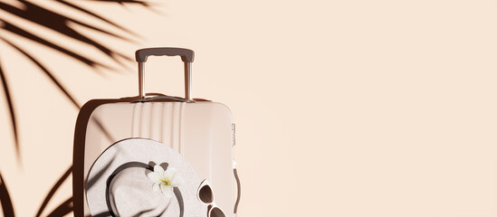 Suitcase with hat and sunglasses on beige background. Ready for summer travel 3D Rendering, 3D Illustration