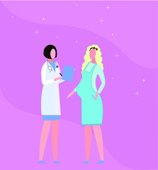 Fototapeta na wymiar Gynecologist The doctor consults a pregnant woman The patient, writes recommendations, writes an exchange card to the hospital. This template is suitable on social networks for promotions, status, sto
