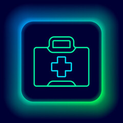 Fototapeta premium Glowing neon line First aid kit icon isolated on black background. Medical box with cross. Medical equipment for emergency. Healthcare concept. Colorful outline concept. Vector
