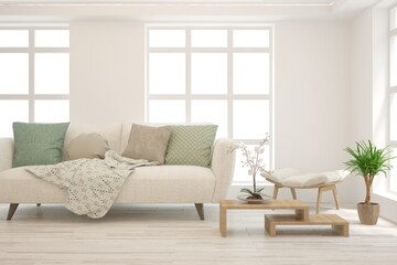 Modern living room in white color with sofa. Scandinavian interior design. 3D illustration