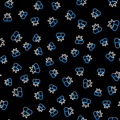 Obraz premium Line Medical pills with marijuana or cannabis leaf icon isolated seamless pattern on black background. Mock up of cannabis oil extracts in jars. Vector