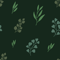 Seamless pattern eucalyptus leaves. Neutral green colors illustration isolated on dark. For fabric, print, textile, decor room, background, wallpaper. Vector