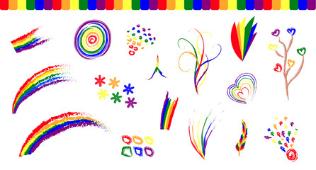 set of lgbtq abstract patterns, curves, swirls, pride flag, fest, gay lesbian heart, circles, rainbow, ribbons, confetti