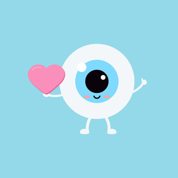 Happy eye with heart vector ophthalmology love icon. Flat design cartoon smiling eyeball character in love for valentines day design illustration. Happy boy hold heart in hand clip art image.