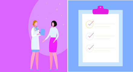 The doctor communicates with the patient. This template will fit any social media campaign. Medical Notepad, Journal, Doctor's Form. Vector illustration.