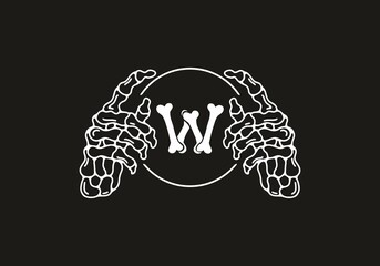 White black color of skeleton W initial letter with hand