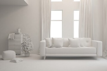 White minimalist living room with sofa. Scandinavian interior design. 3D illustration