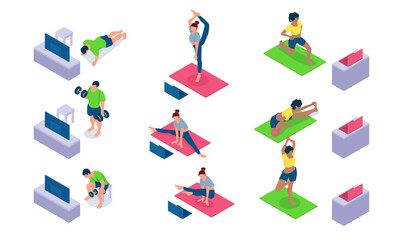 Fototapeta premium Vector of women and a man practicing yoga, exercising and lifting weights with fitness instructor on TV or laptop screen.