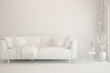 Mock up of stylish room in white color with sofa. Scandinavian interior design. 3D illustration