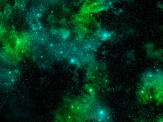 Cosmic green, blue and black 3d illustration with stars and nebulae