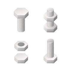Nuts and bolts. Colored isometric vector illustration. Isolated on white background.