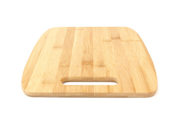 Top view high quality wood cutting board, brown wood. Chopping boards made from natural bamboo. Isolated image kitchen utensil on white background.