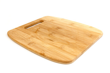 Top view high quality wood cutting board, brown wood. Chopping boards made from natural bamboo. Isolated image kitchen utensil on white background.