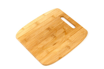 Top view high quality wood cutting board, brown wood. Chopping boards made from natural bamboo. Isolated image kitchen utensil on white background.