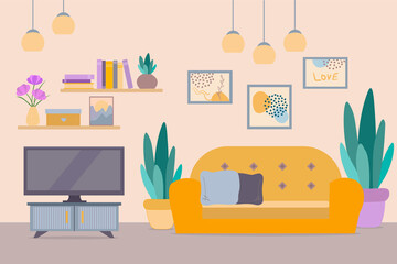 Living room interior. Comfortable yellow sofa, shelf, book, TV and house plants. Flat style vector illustration.