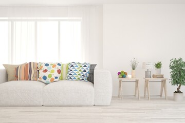 White living room with sofa. Scandinavian interior design. 3D illustration