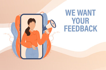 Template with we want your feedback man holding megaphone on red background for flyer design. Vector illustration in flat style.