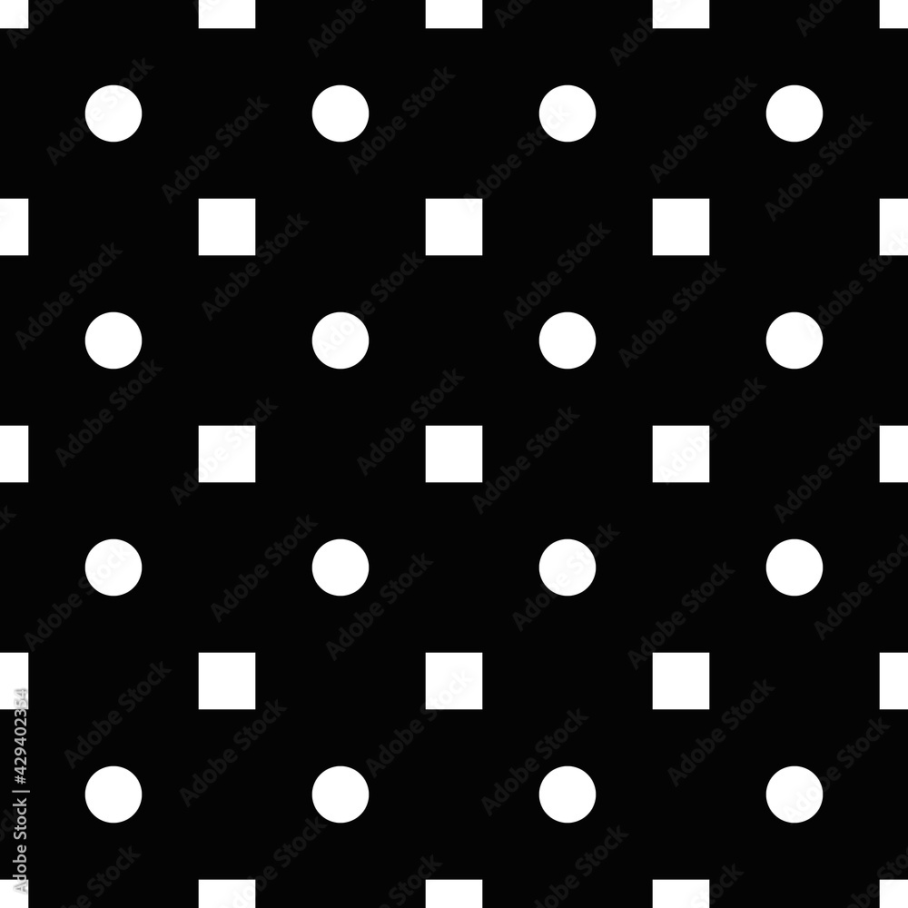 Poster White squares and circles. Vector same pattern and black background.