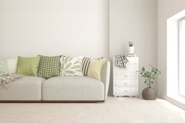 Soft color living room with sofa. Scandinavian interior design. 3D illustration