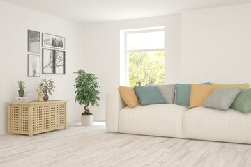 White living room with sofa. Scandinavian interior design. 3D illustration