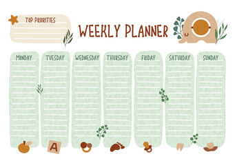 Template weekly planner, eco baby toys style, childhood page notebook. Neutral colors cute flat illustration on white. Vector - obrazy, fototapety, plakaty