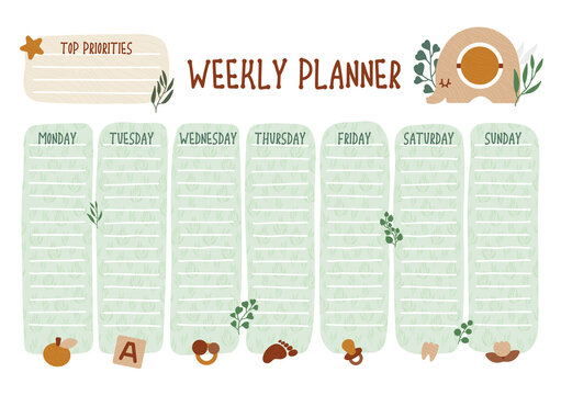 Template weekly planner, eco baby toys style, childhood page notebook. Neutral colors cute flat illustration on white. Vector