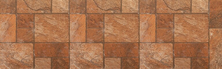 Panorama of Building exterior brown granite block wall texture and background seamless