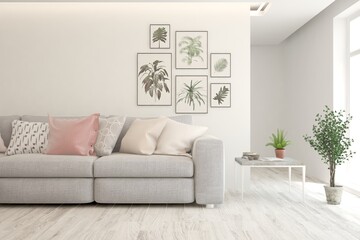 Soft color living room with sofa. Scandinavian interior design. 3D illustration