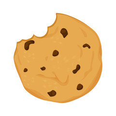 Cookie with chocolate crisps bitten, broken, cookie crumbs in cartoon flat style isolated on white background. Snack bake, traditional bakery or desert.