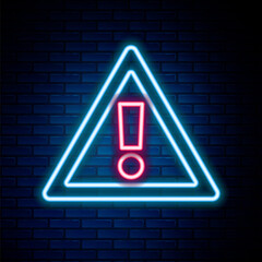 Glowing neon line Exclamation mark in triangle icon isolated on brick wall background. Hazard warning sign, careful, attention, danger warning sign. Colorful outline concept. Vector
