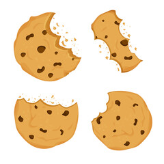 Set of Cookies with chocolate crisps bitten, broken, cookie crumbs in cartoon flat style isolated on white background. Snack bake, traditional bakery or desert.