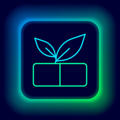 Glowing neon line Medical pill with plant icon isolated on black background. Herbal pill. Colorful outline concept. Vector