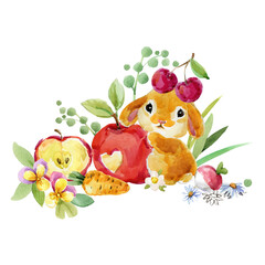 Naklejka premium Cute cartoon rabbit. forest animal illustration. watercolor hare. funny pet. Little bunny