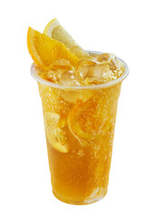 Citrus lemonade in transparent plastic glass isolated on white background. Take away. Photo for menu and site. Close up