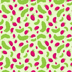 Seamless pattern with raspberries and leaves. Berry texture for print. Vector illustration