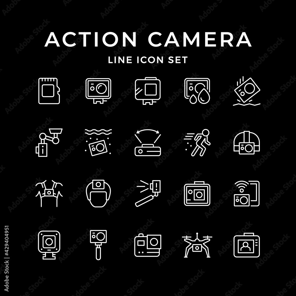 Wall mural Set line icons of action camera