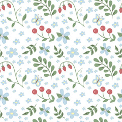 Cottagecore forest background with wild berries, flowers and leaves on white backdrop. Vector seamless pattern in hand drawn style. Autumn fall summer spring rural elements wallpaper. Cute texture