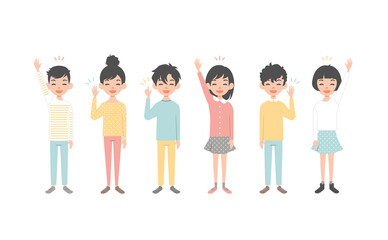 Obraz premium Group of asian children flat vector illustration. Young girls and boys isolated characters on white background - smiling / waving hands / happy