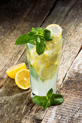 Mojito with mint on a gray wooden rustic background. Space for text