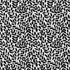 Leaves and branches vector seamless pattern. Black brush leaves and twigs. Olive branch modern ornament. Black ink texture with foliage. Hand drawn eucalyptus, laurel twig. Abstract plant motif