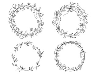 Set from frames. Hand drawn round wreaths in linear style. Stylish round frames.