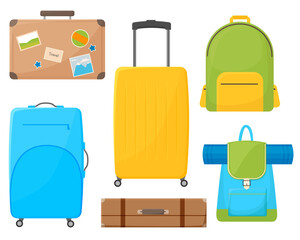 Cartoon colored baggage bag set isolated on white background. Different plastic, and leather luggage vector flat illustration. Various travel suitcase and backpack. Travel suitcase set. 